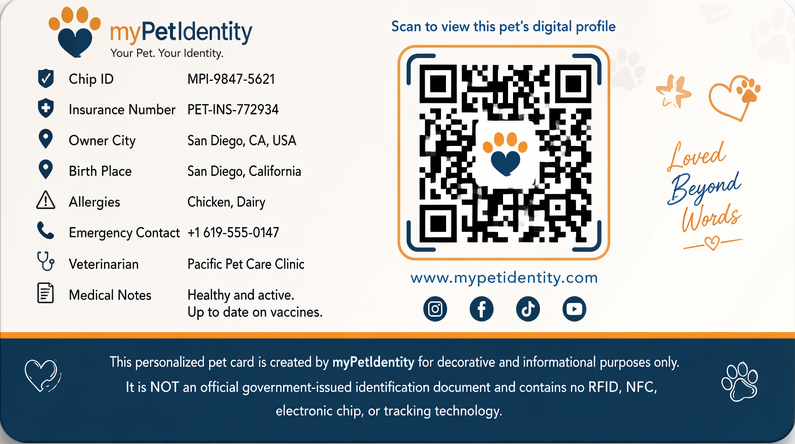 Personalized myPetIdentity pet card – back