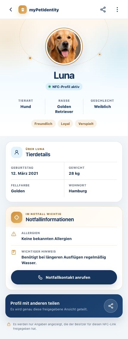 Digitales myPetIdentity Tierprofil mit freigegebenen Tierdetails